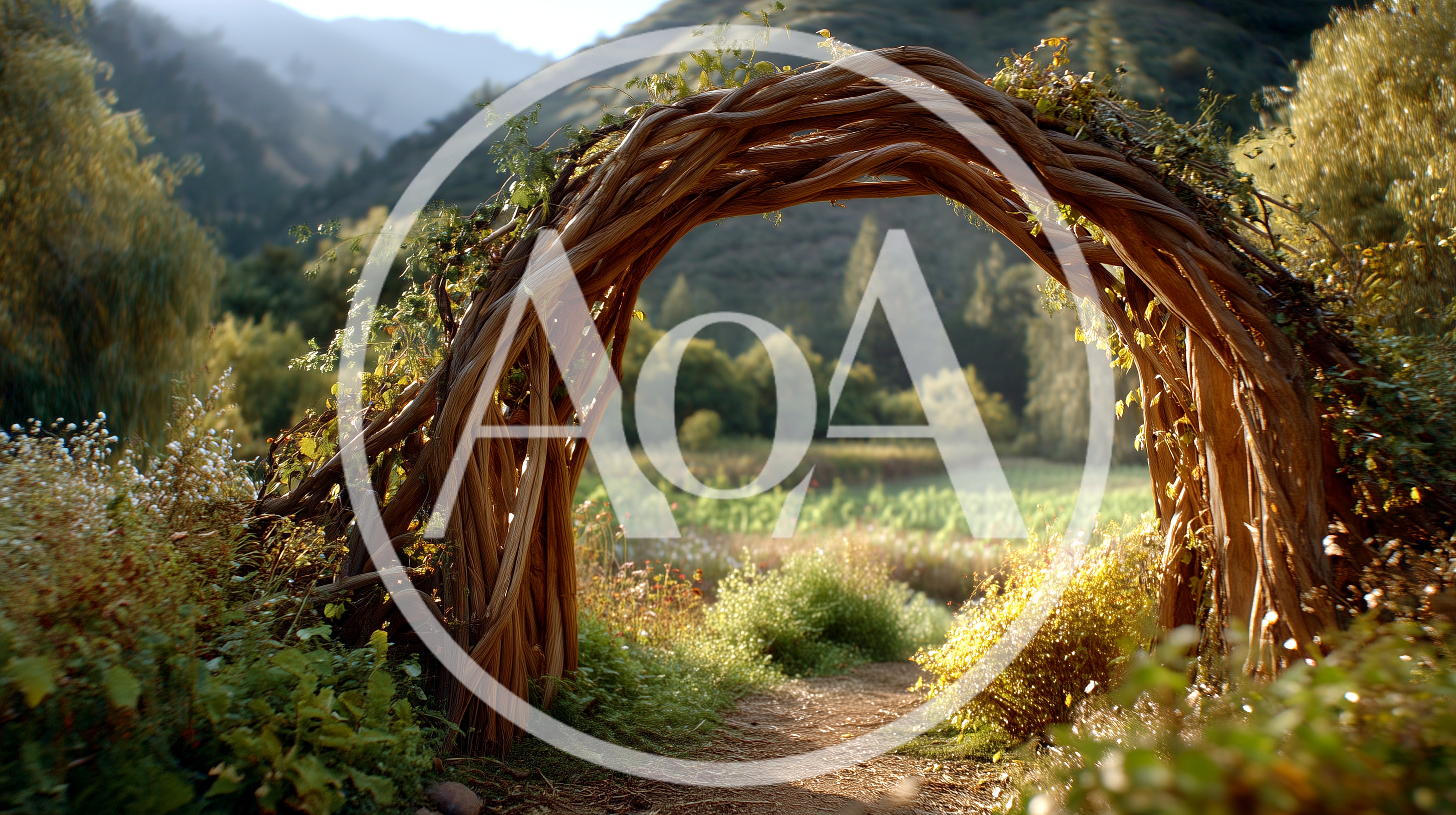 Rustic Woven Branch Archway In A Lush Meadow