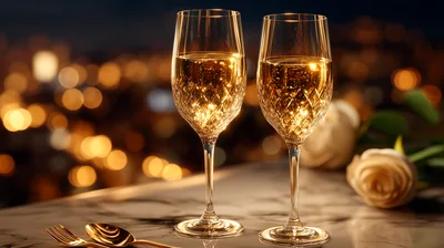 Two Crystal Champagne Glasses On A Marble Table