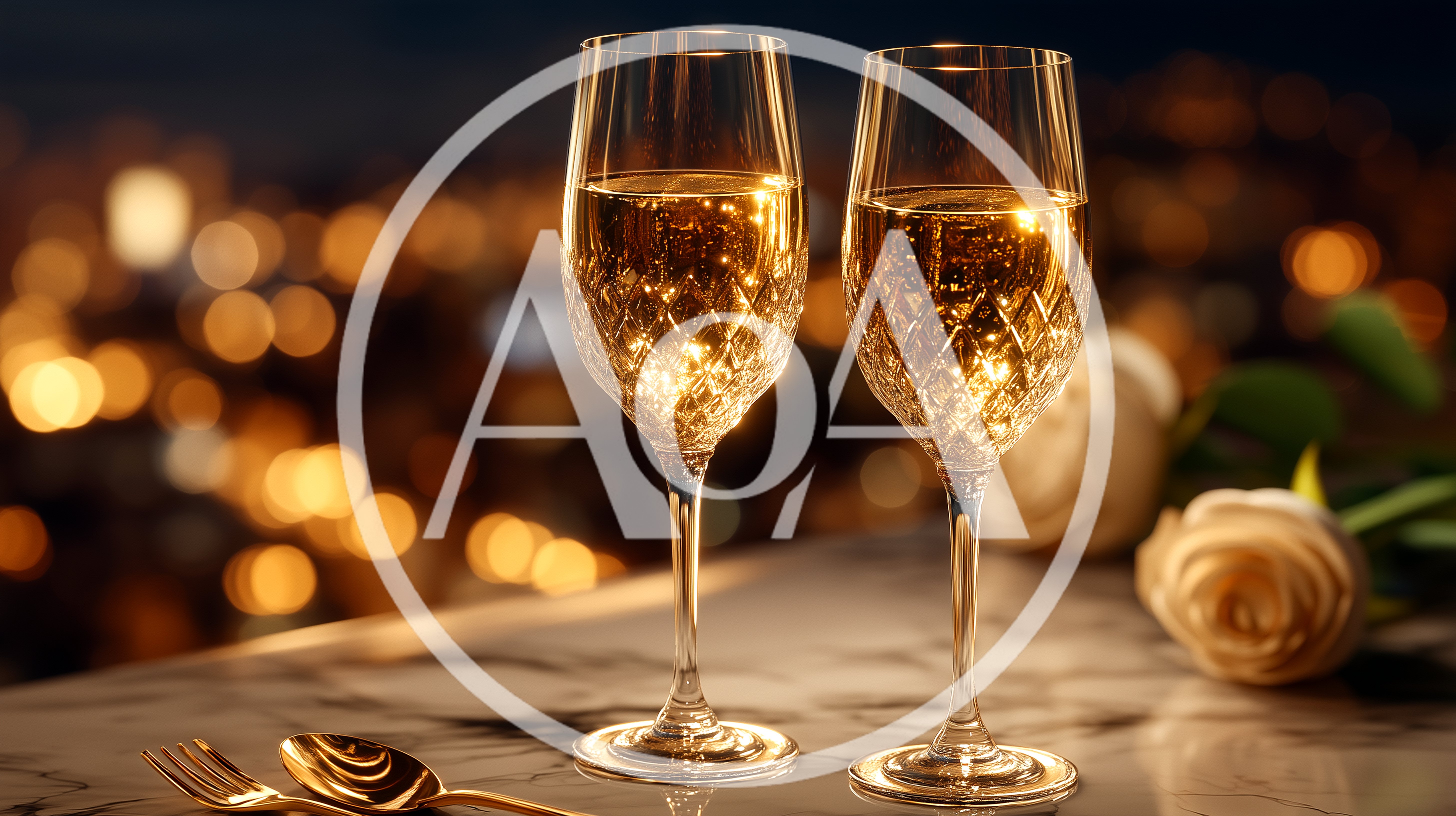Two Crystal Champagne Glasses On A Marble Table
