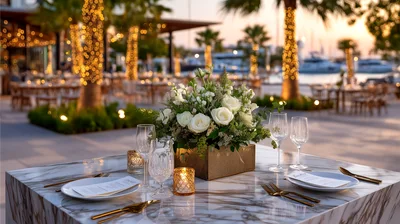 Elegant Outdoor Dining Table Setup At Sunset