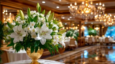 Elegant White Lily Floral Centerpiece In Luxury Ballroom