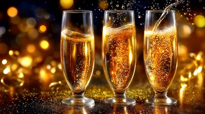 Three Glasses Of Sparkling Champagne With Golden Bokeh Background