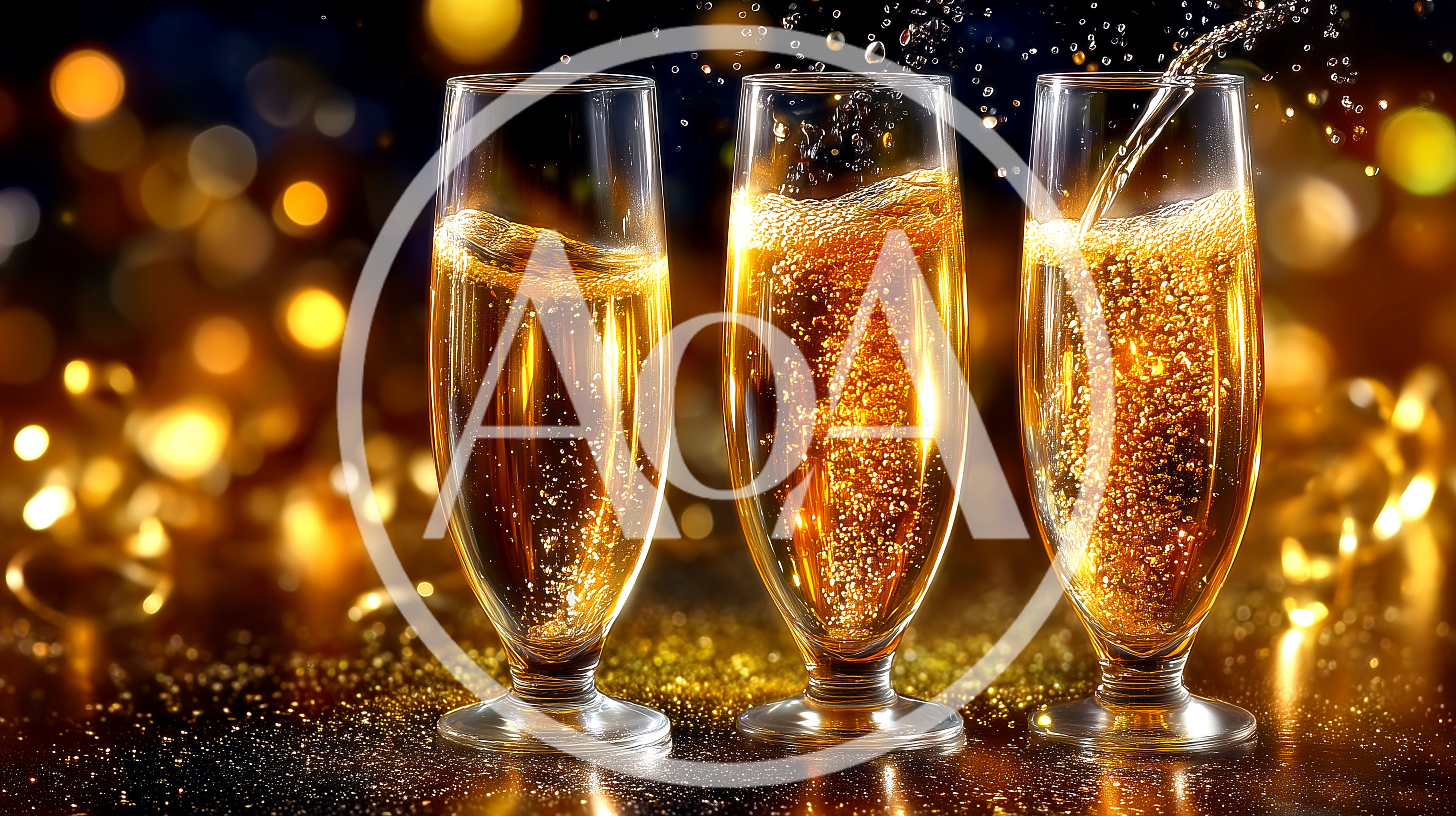 Three Glasses Of Sparkling Champagne With Golden Bokeh Background