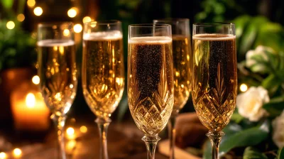 Four Crystal Champagne Flutes Filled With Sparkling Wine