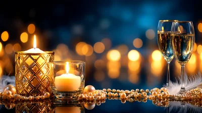 Romantic Celebration With Candles And Champagne Flutes