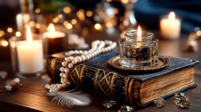 Antique Book With Pearls And Candlelight