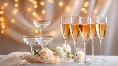 Champagne Glasses And Roses On A Festive Table