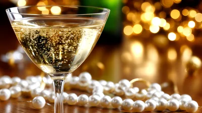 Champagne Glass With Pearls On A Festive Table