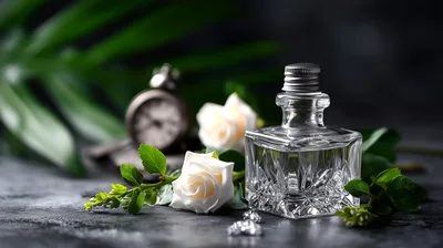 Crystal Perfume Bottle With White Roses And Pocket Watch