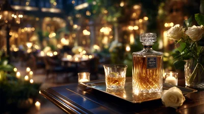Crystal Decanter And Whiskey Glass On A Serving Tray