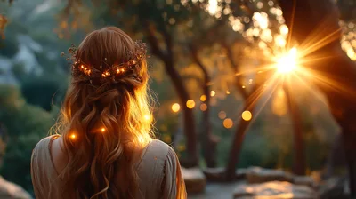 Woman With Fairy Lights In Hair At Sunset