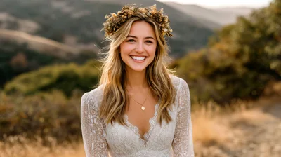 Smiling Bride Wearing Floral Crown In Nature