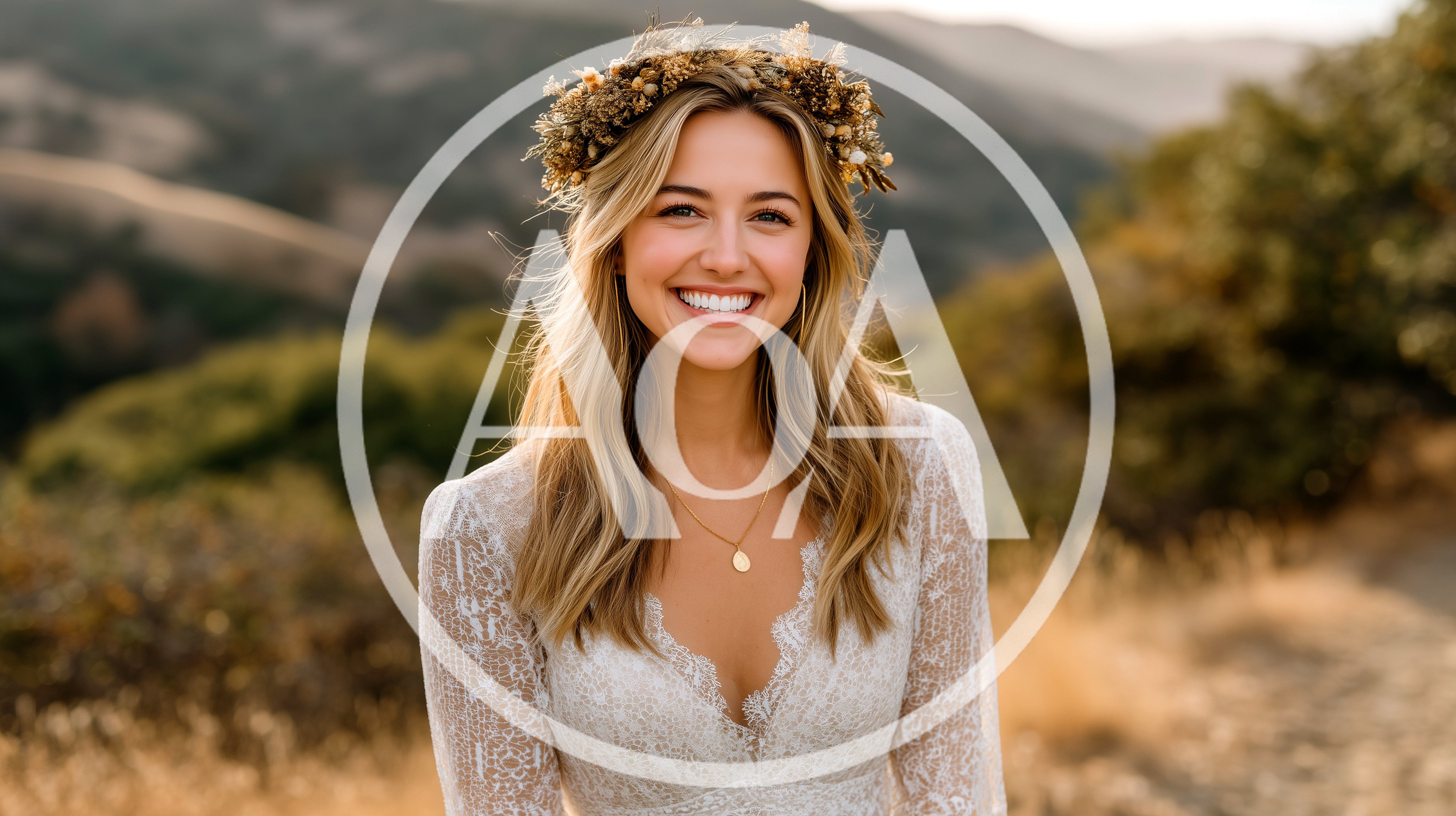 Smiling Bride Wearing Floral Crown In Nature