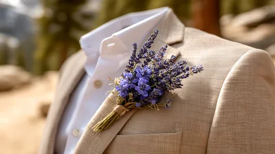 Groom Wearing A Lavender Boutonniere On A Tan Suit