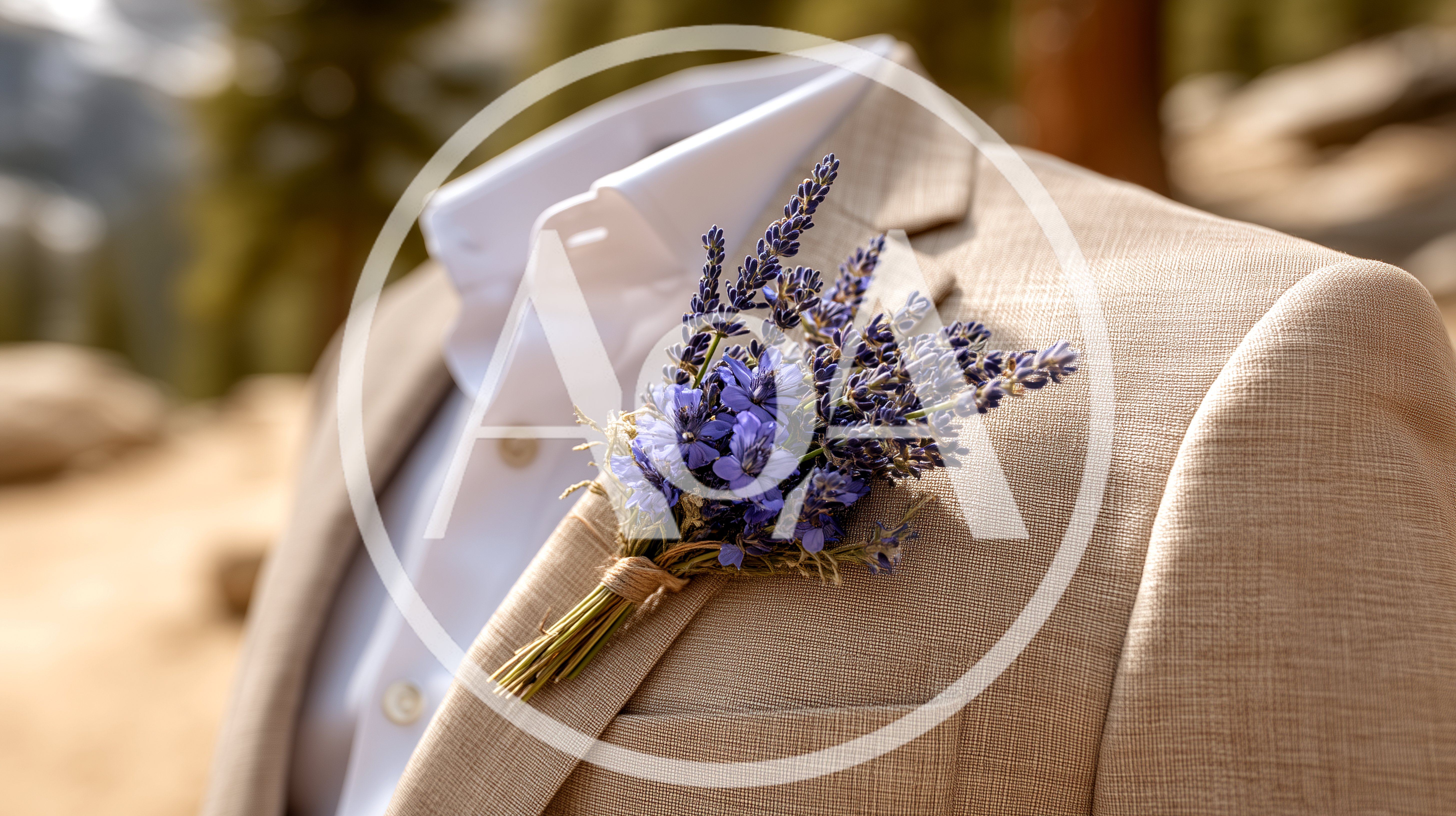 Groom Wearing A Lavender Boutonniere On A Tan Suit