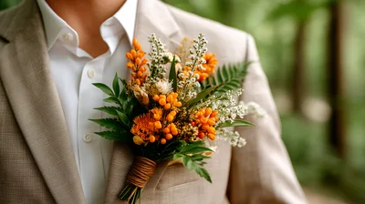 Groom Wearing A Rustic Floral Boutonniere On Suit Jacket