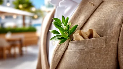 Close Up Of A Beige Linen Suit With Greenery Boutonniere