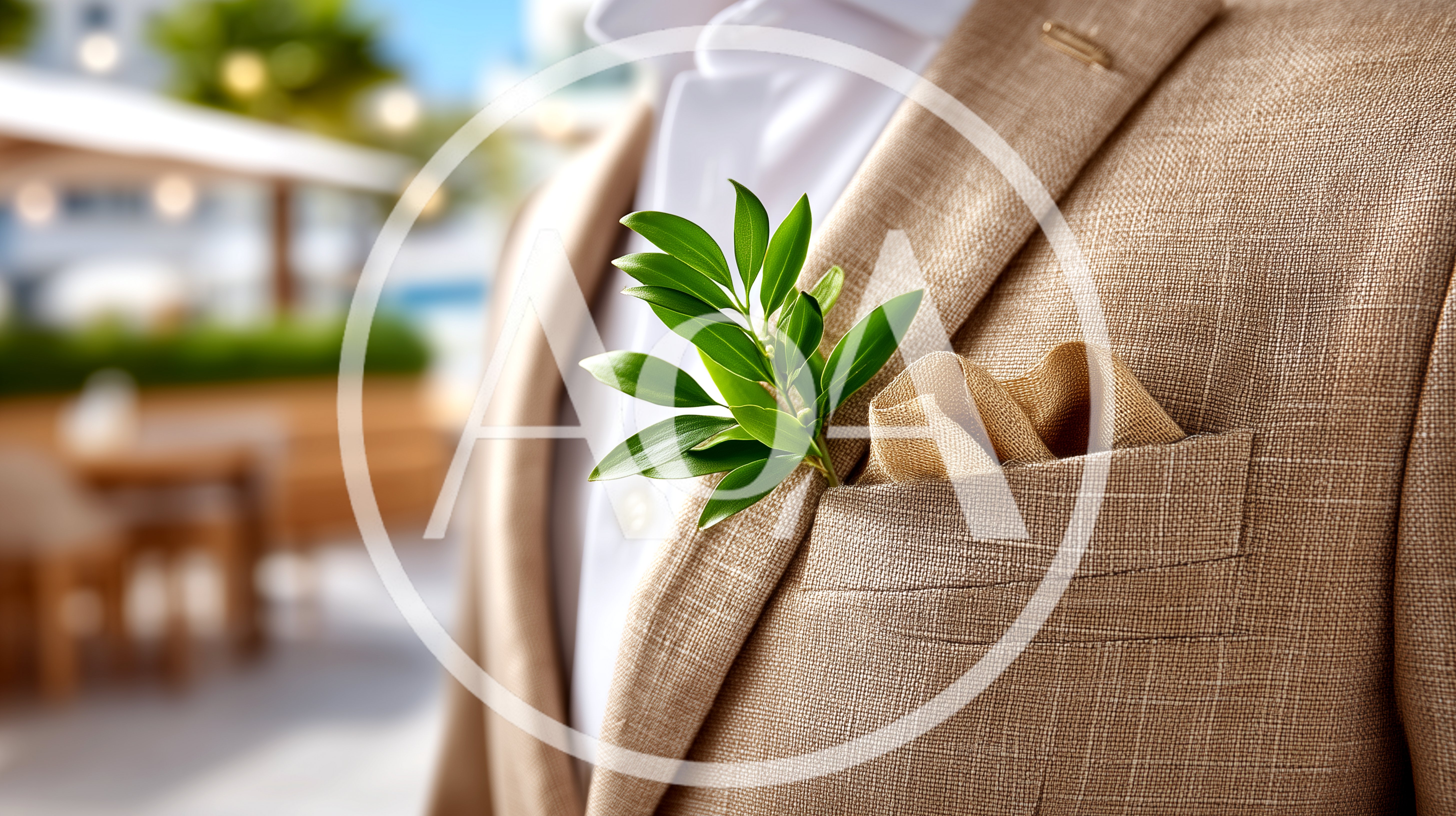 Close Up Of A Beige Linen Suit With Greenery Boutonniere
