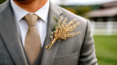 Groom Wearing Wheat Boutonniere On Grey Suit