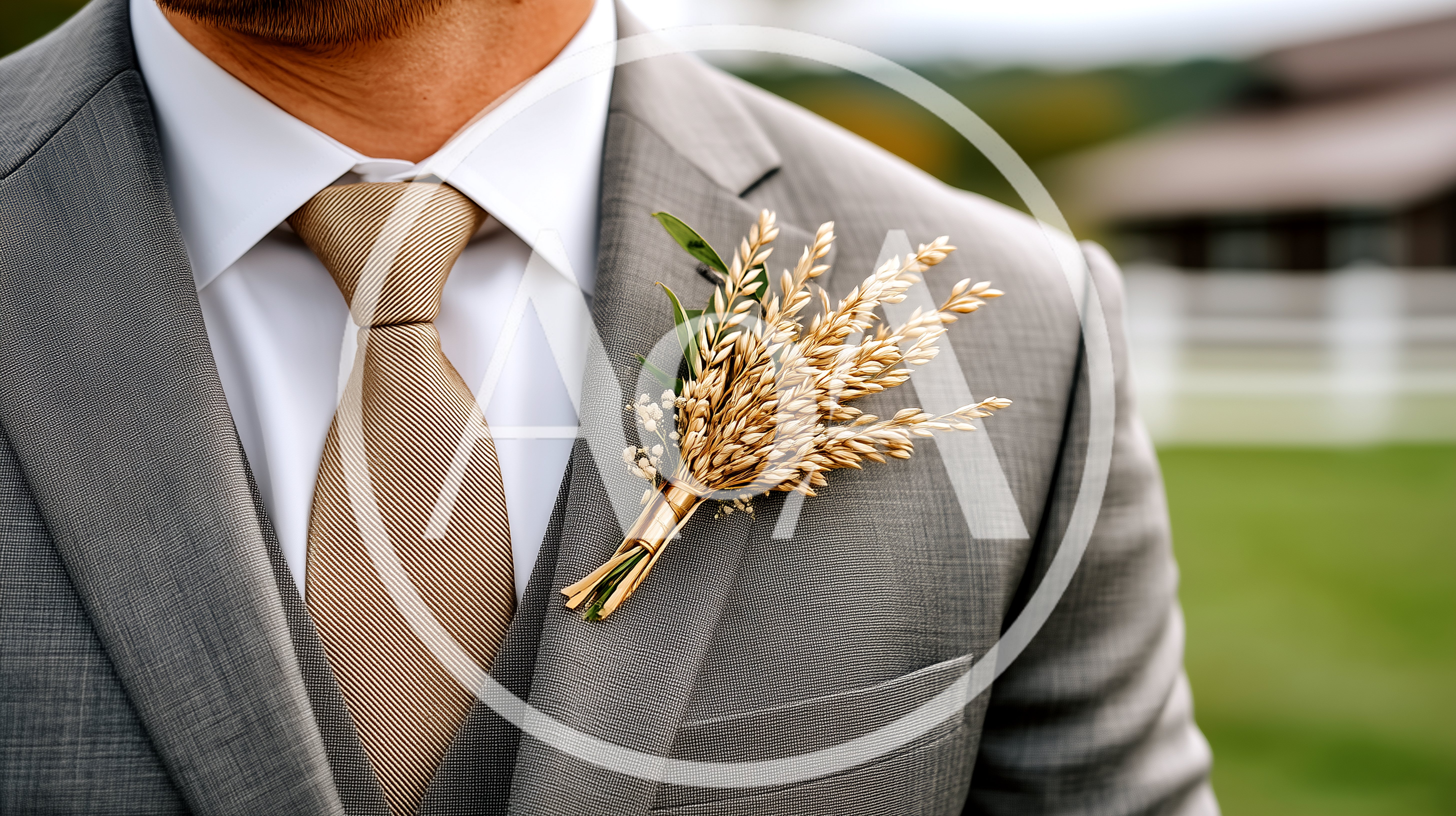 Groom Wearing Wheat Boutonniere On Grey Suit