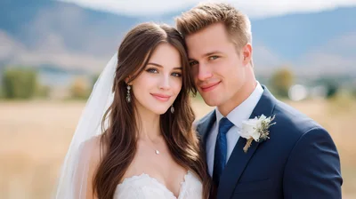 Happy Newlywed Couple Posing Outdoors