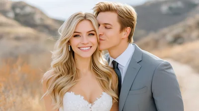 Bride and Groom Embracing During Outdoor Wedding Portrait