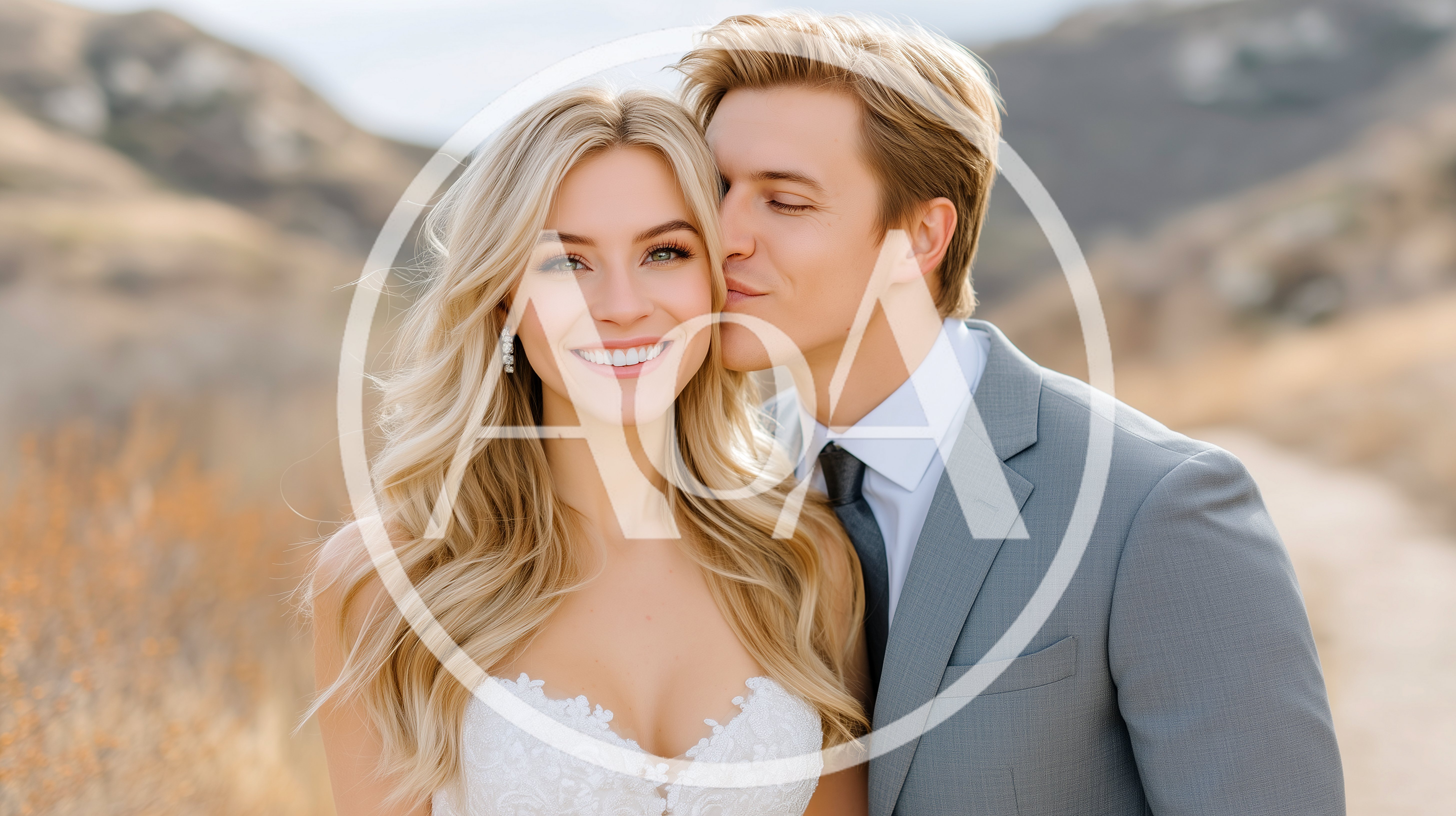 Bride and Groom Embracing During Outdoor Wedding Portrait