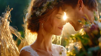 Romantic Bride And Groom Embracing In Golden Hour Sunlight