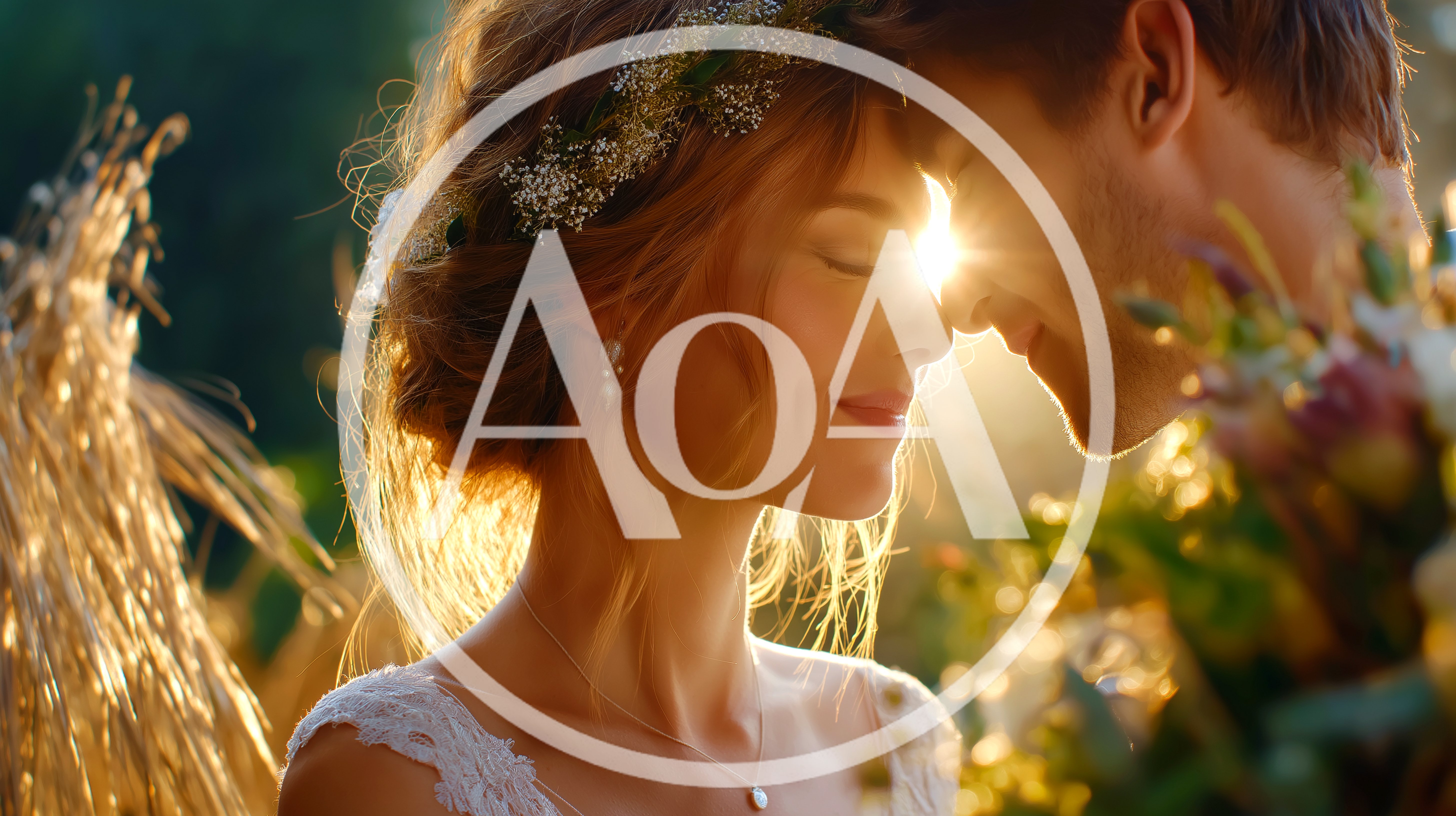 Romantic Bride And Groom Embracing In Golden Hour Sunlight