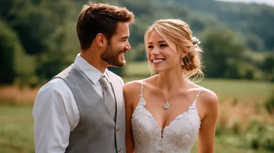 Happy Newlywed Couple Smiling At Each Other Outdoors