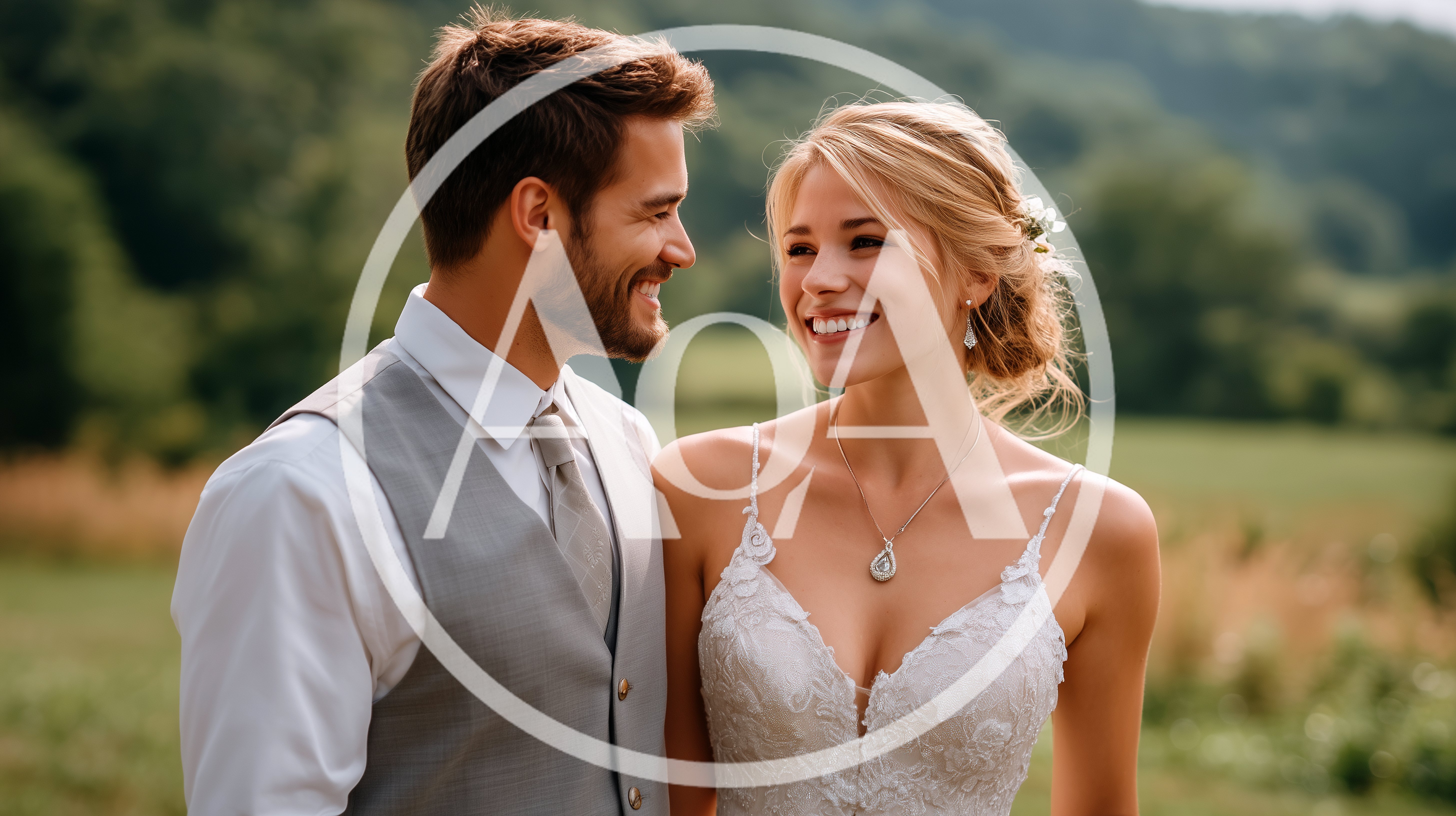 Happy Newlywed Couple Smiling At Each Other Outdoors