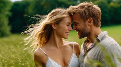 Happy Couple Sharing An Intimate Moment In A Field