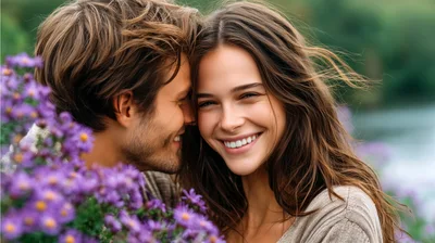 Happy Couple Smiling Together Amidst Purple Flowers