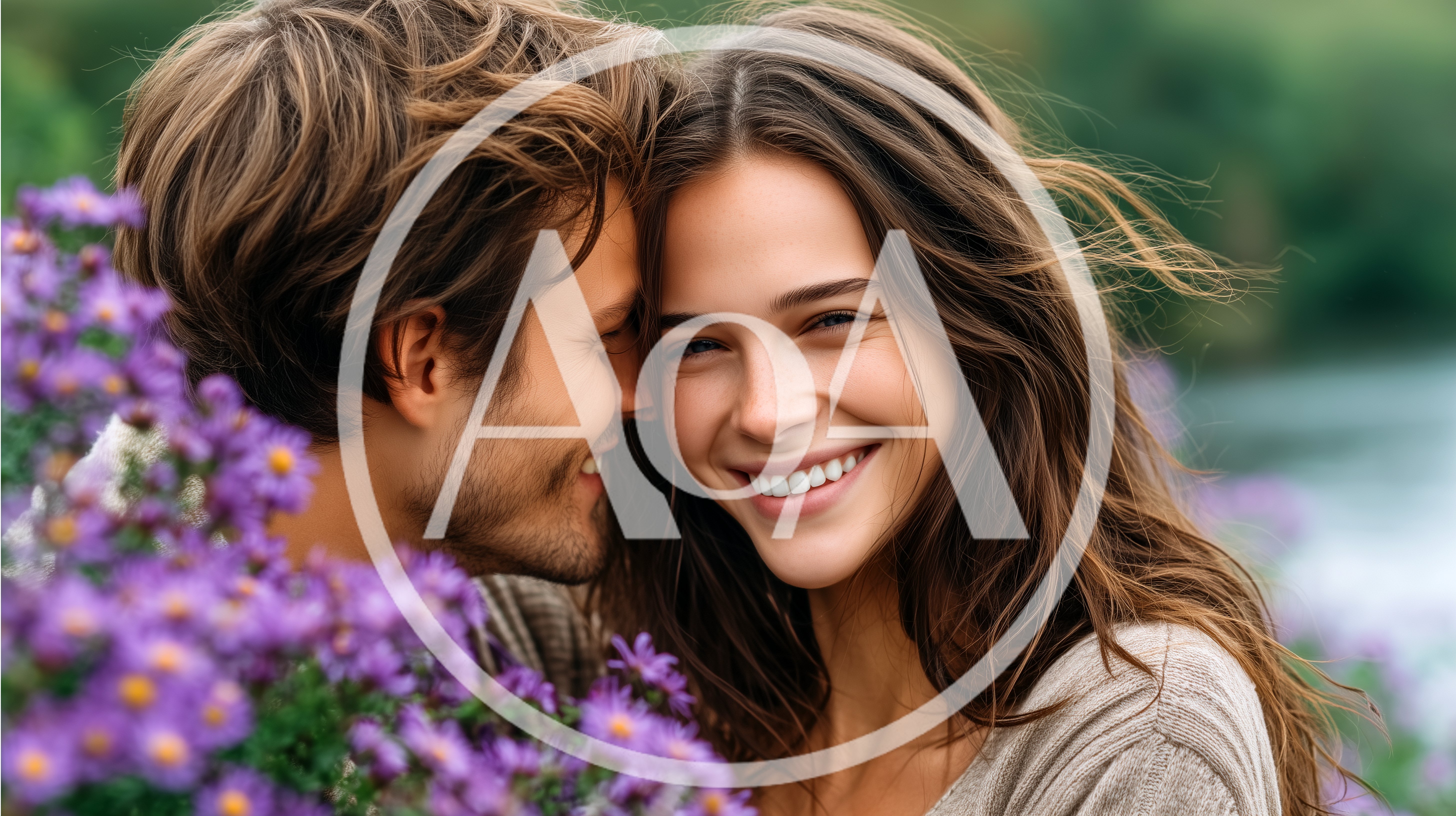 Happy Couple Smiling Together Amidst Purple Flowers