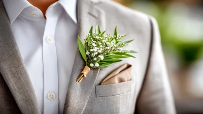 Groom Wearing A Boutonniere On A Grey Suit