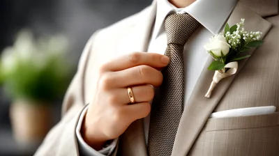 Groom Adjusting Tie With Wedding Ring