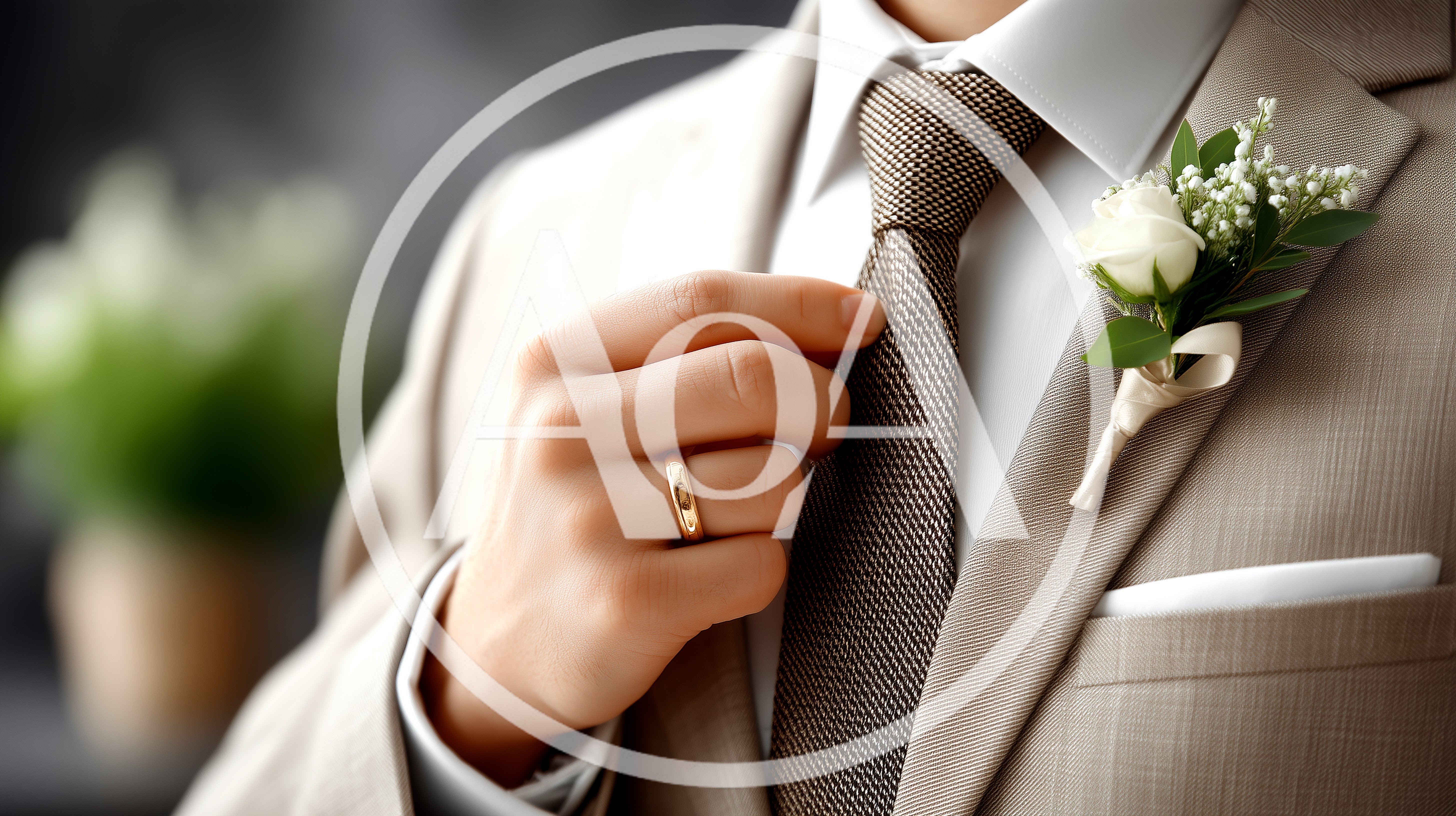 Groom Adjusting Tie With Wedding Ring