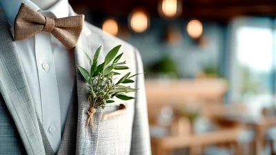Groom Suit With Bow Tie And Floral Boutonniere