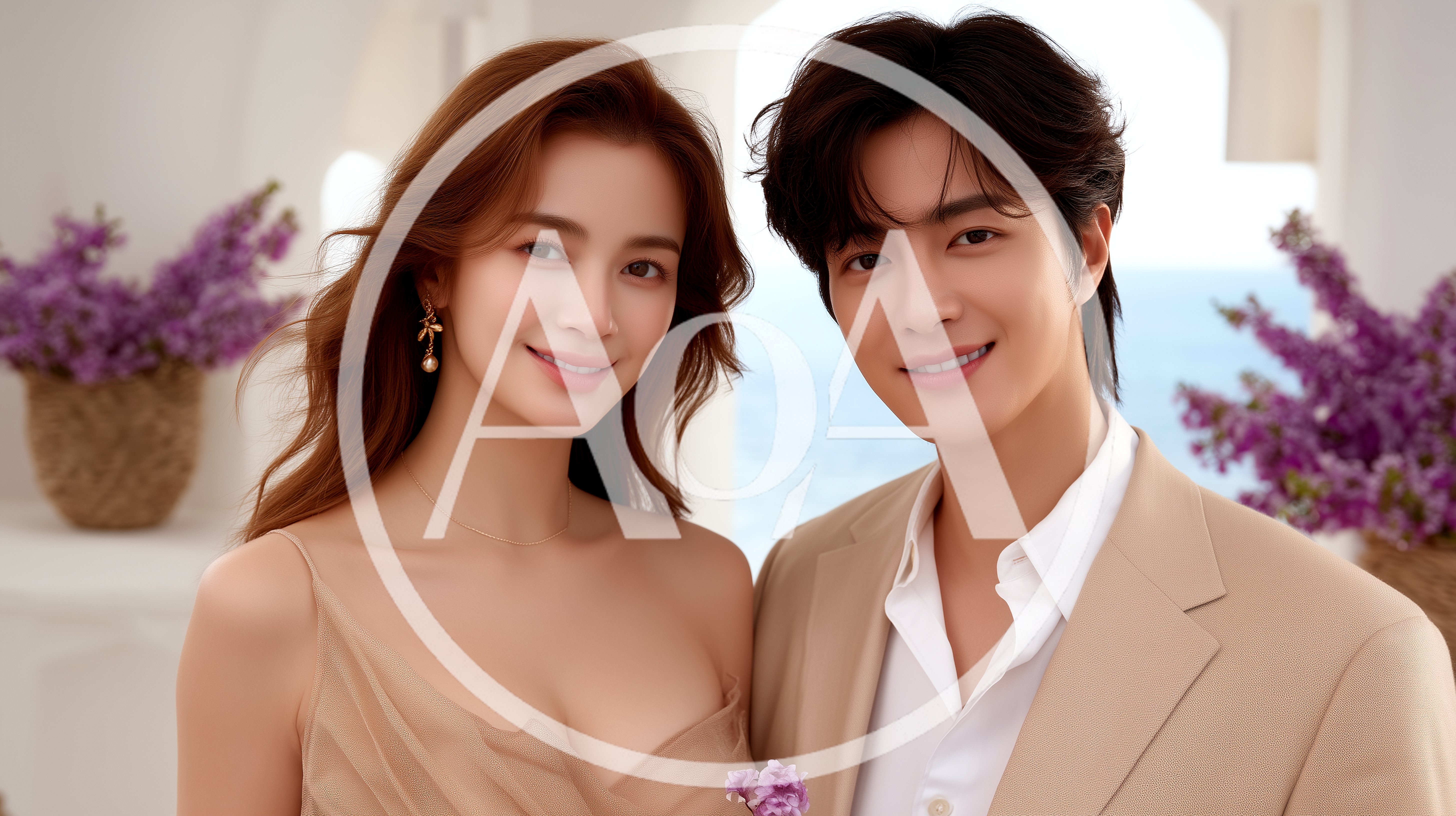 Elegant Couple Posing Together In A Bright Mediterranean Setting