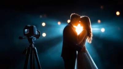Wedding Couple Posing For Professional Camera On Tripod