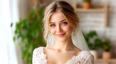 Beautiful Blonde Bride Smiling In Wedding Dress