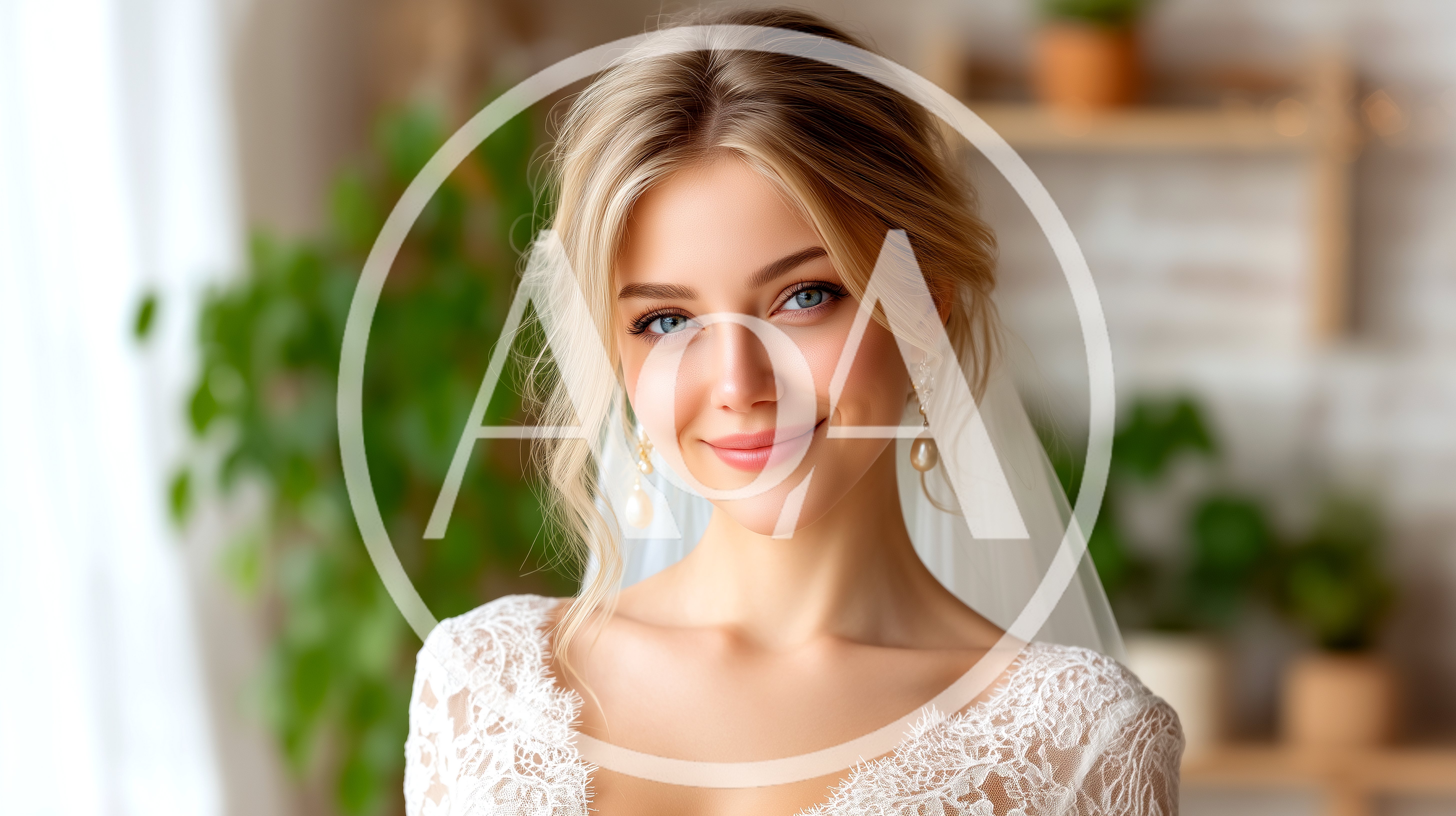 Beautiful Blonde Bride Smiling In Wedding Dress