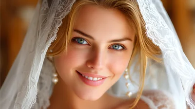 Beautiful Blonde Bride Wearing A Delicate Lace Veil