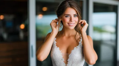 Beautiful Bride Adjusting Her Earrings Before Wedding Ceremony
