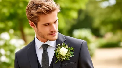 Handsome Groom Wearing A Suit With A Rose Boutonniere