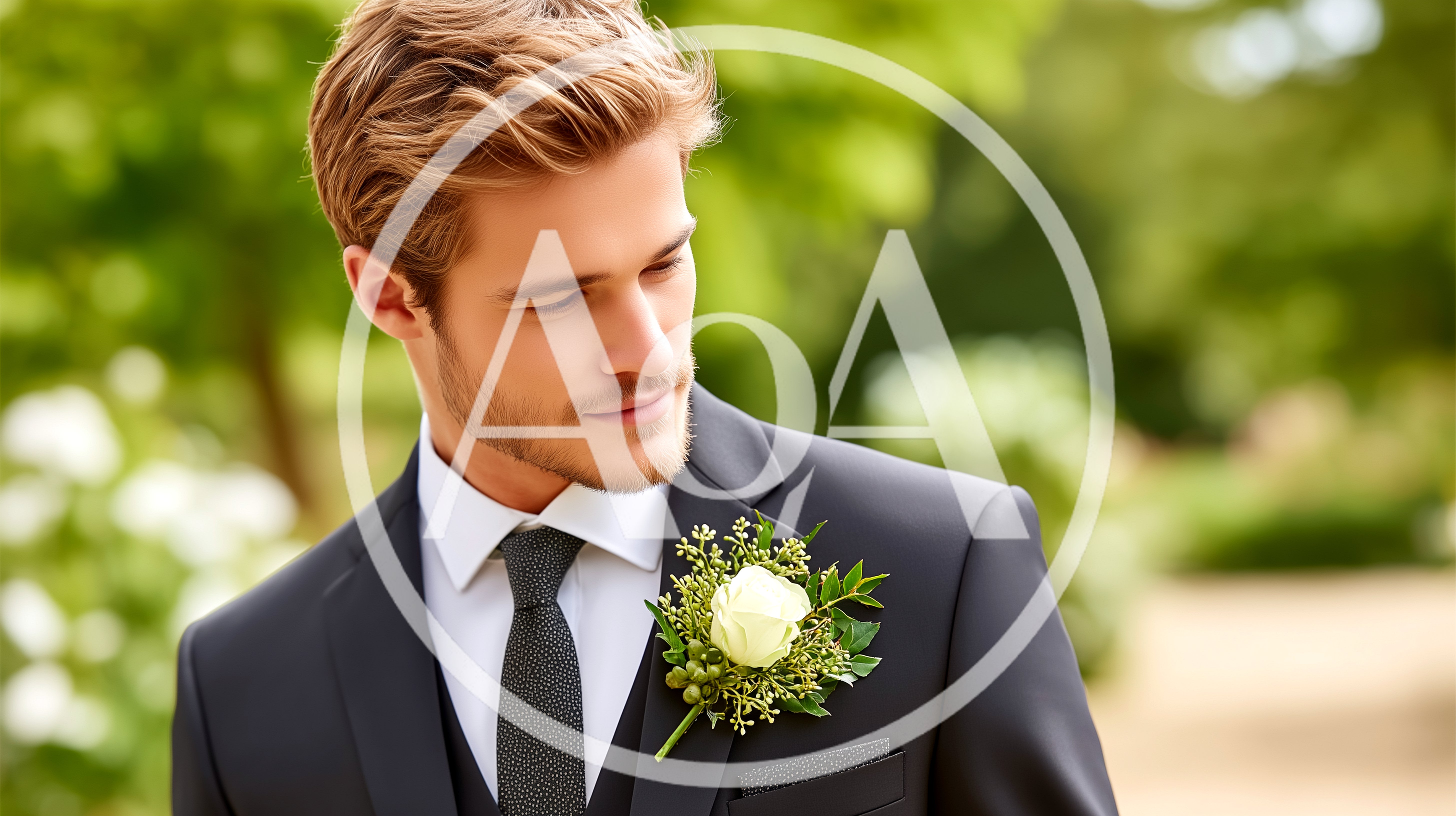 Handsome Groom Wearing A Suit With A Rose Boutonniere