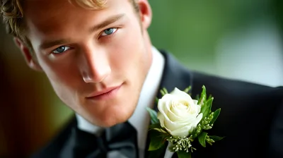 Handsome Groom Wearing A Tuxedo With A White Rose
