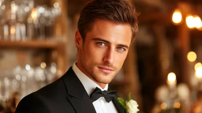 Handsome Groom In Tuxedo Looking At Camera