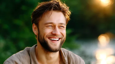 Smiling Man With Beard Outdoors At Sunset
