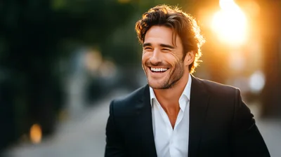 Handsome Man Smiling In A Suit Outdoors